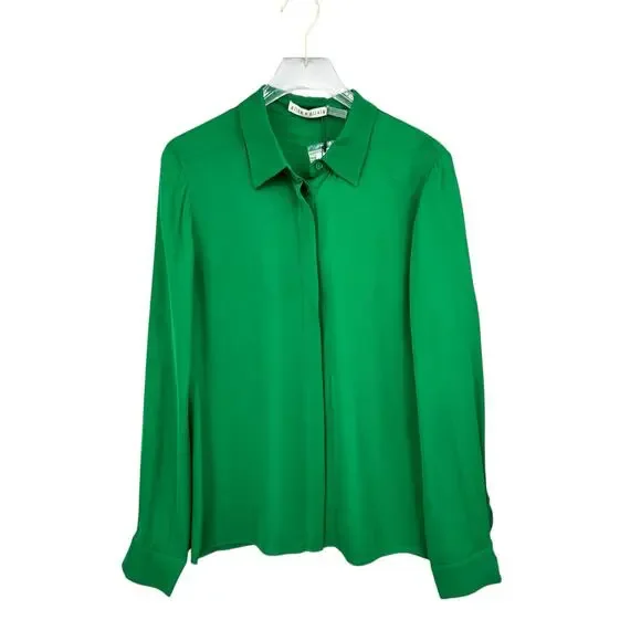 Alice + Olivia NWT Solid Kelly Green Long Sleeve Button Up Classy Blouse $265 - Picture 6 of 10